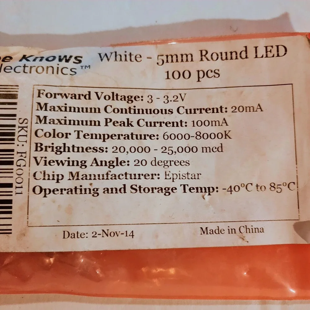 100pcs 5mm White Lights LED Diodes Clear Round Lens 29mm Long Lead (DC 3V)